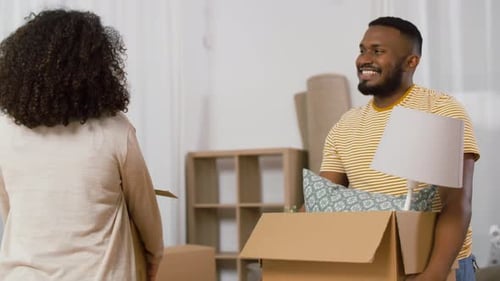 Moving, Repair and Real Estate Concept - Happy African American Couple With