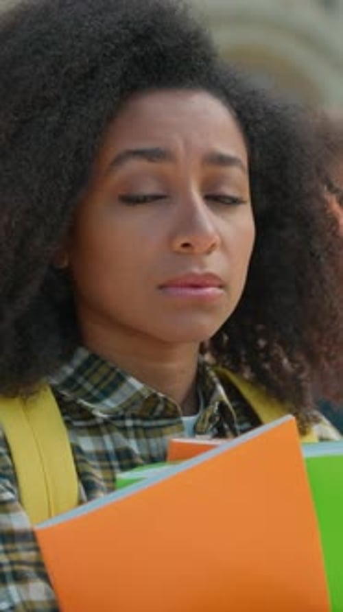 Sad Frustrated African American Student Girl Outdoor University Students Talk Background Upset