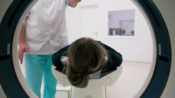 The patient undergoes computer tomography in the hospital scanner high ...