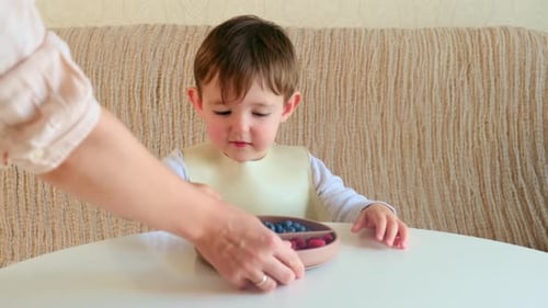 Joyful Toddler Eating Fresh Fruit at Table