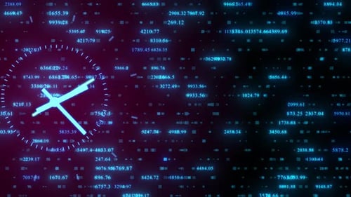 Digitaluhr-Animation mit sich bewegender Zahl auf dunkelrotem Hintergrund, High-Tech-Uhr-Animation