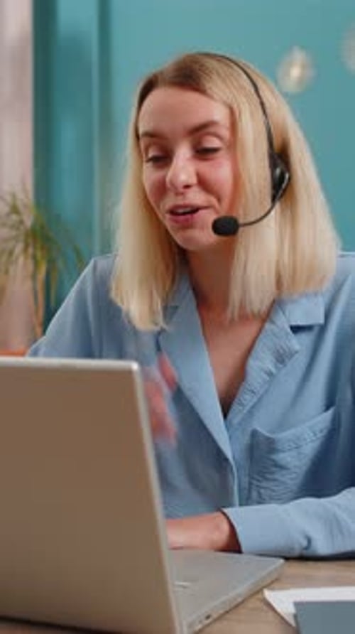 Businesswoman Wearing Headset Support Service Operator Helpline Call Center Talking with Client