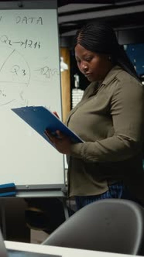 Vertical Video Female Analyst Drawing Candlestick Charts on a White Board to Review Reports