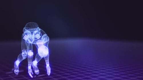 Dynamic wireframe athlete sprinting with glowing blue lines