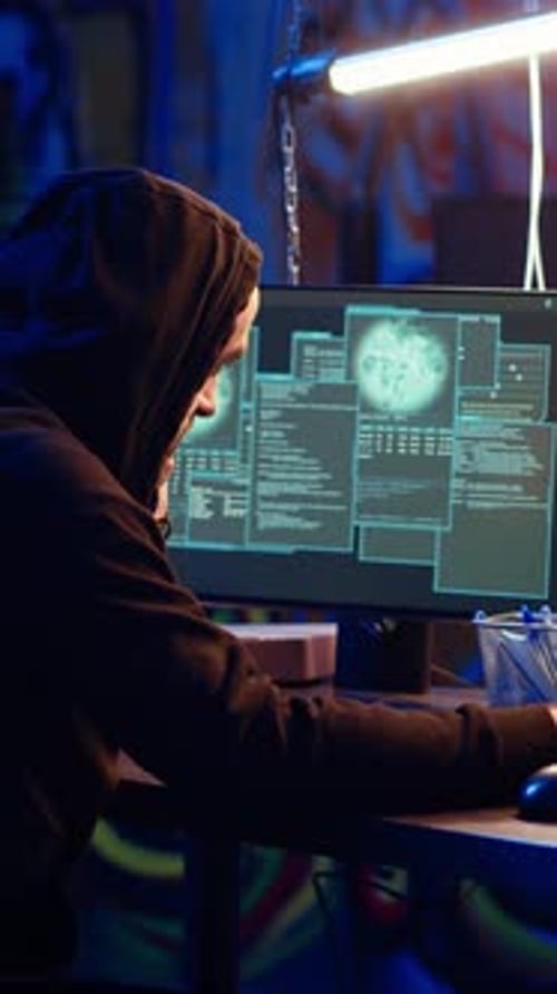 Person Using Computer with Hoodie in Dimly Lit Room