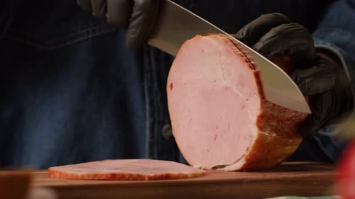 Woman Slices Ham Bacon Meat Thick Pieces on a Wooden Board Beef or Pork Jamon Chef Cooking Breakfast