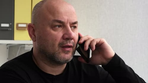 Close Up Man Talking Mobile Phone in Office Businessman Having Call
