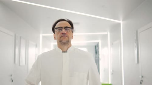 Male Doctor in Eyeglasses Hurrying Through a Modern Hospital Corridor to Urgent Surgery