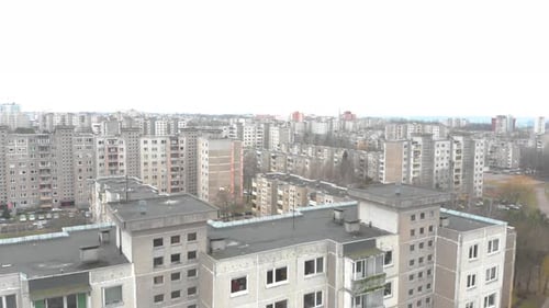 Bird eye view over the huge city apartment neighbourhood constructed old Chernobyl style