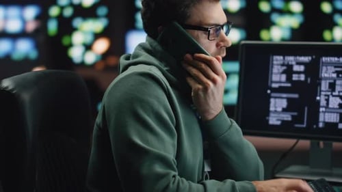 IT Man Talking Cellphone Coding Computer at Workplace Closeup Coder Guy Calling