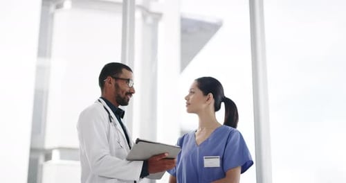 Doctor, nurse and tablet for medical planning, teamwork and hospital research