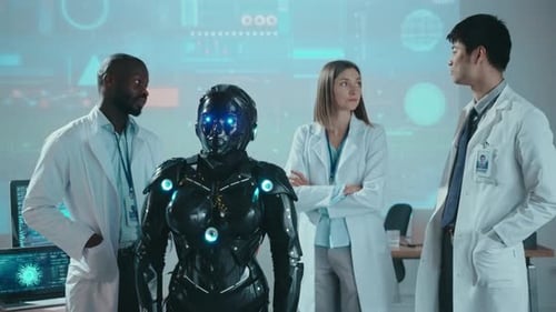 Mixed Team of Research Engineers Conducting Experiments with Automated Black Robot in the Laboratory
