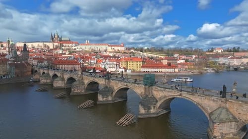 Scenic Spring Panoramic Aerial View of the Old Town Pier Architecture and Charles Bridge
