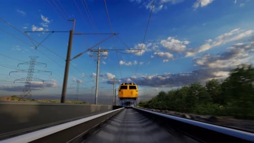 Animated 3D Train Moving Forward on Railway Track