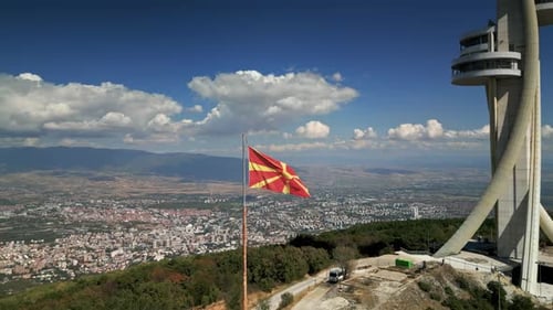 Aerial View of Skopje Cityscape with Flag and Tower