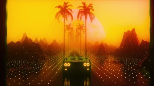 Science-Fiction-Auto fährt schnell auf abstrakter Straße