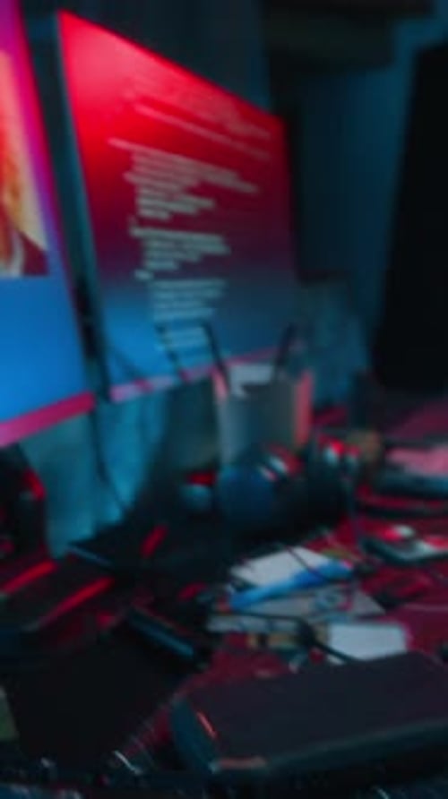 Futuristic Hacker Stealing Passport Data on Computer in Cyberpunk Workspace