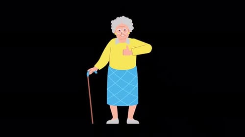 Happy elderly woman standing and showing thumb up. Character Animation, ALPHA channel, senior lady