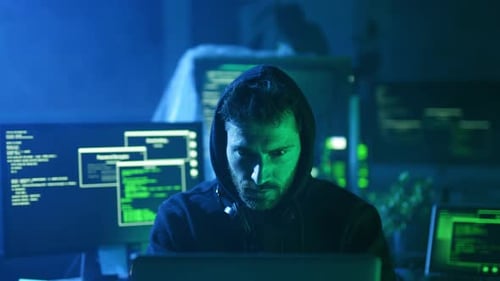 A Cybersecurity Specialist Expertly Analyzing Complex Code in a Dark Environment Space