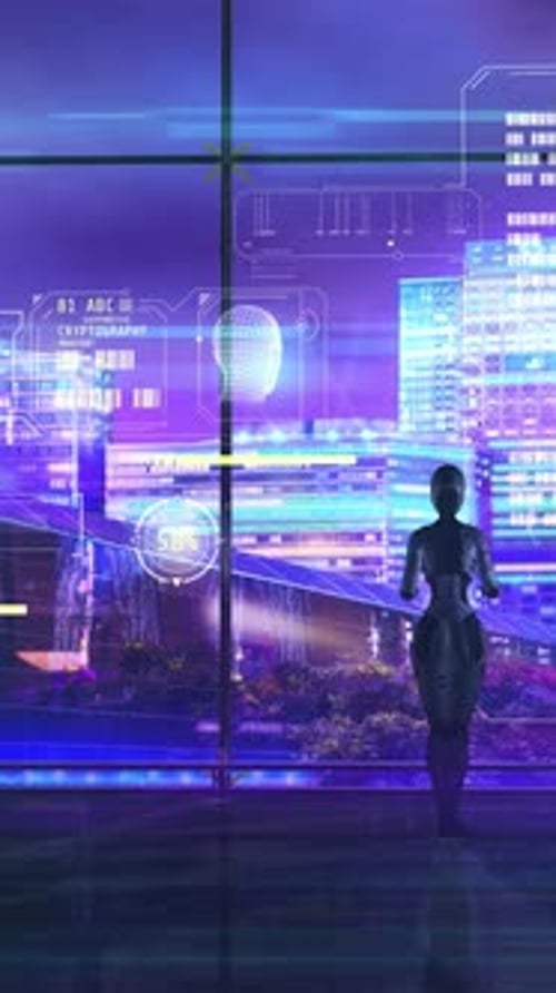 Futuristic AI Robot Interacting with Digital Data HUD in City Office