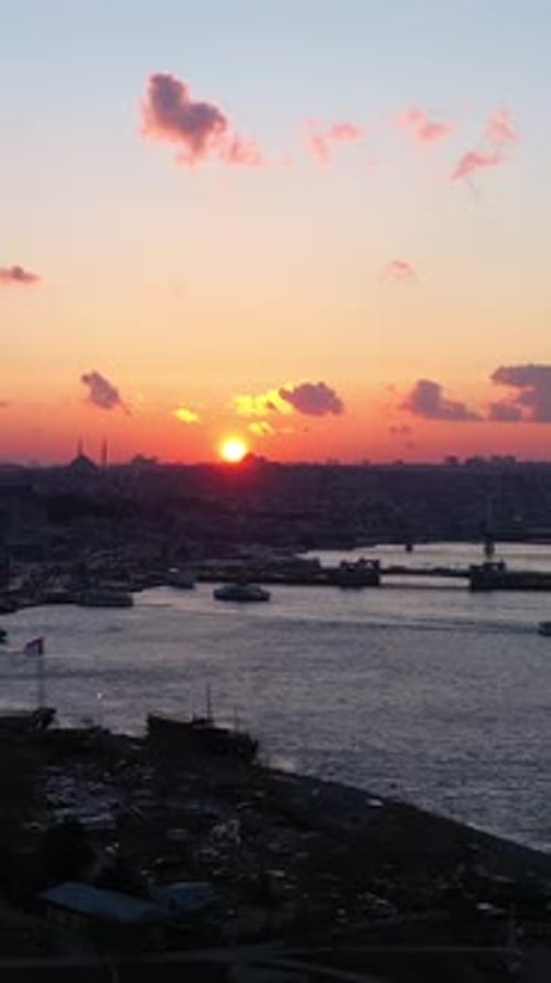 Istanbul City at Sunset and Golden Horn Bay Aerial View Vertical Video