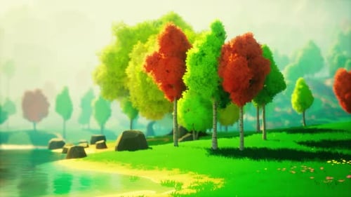 Colorful Cartoon Forest at Sunset