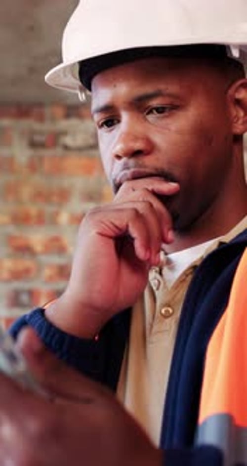Architect, thinking and black man with tablet in building, research and safety inspection with info