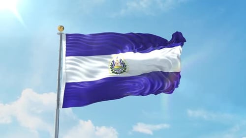 Realistic Waving El Salvador Flag Against Blue Sky Loop