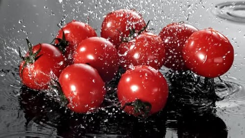 Tomatoes Fall on a Wet Table Filmed on a Highspeed Camera at 1000 Fps