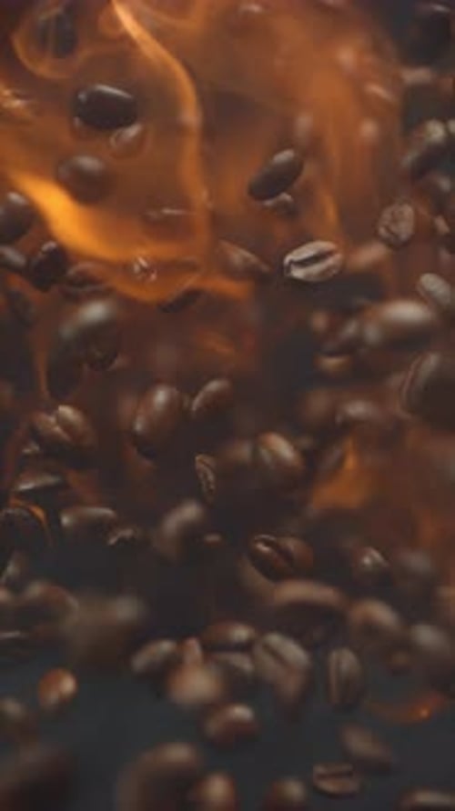 Super Slow Motion Shot of Falling Roasted Coffee Beans with Smoke in Macro Roasting Hot Flying