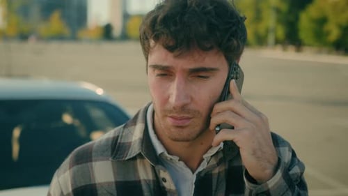 Close Up Worried Frustrated Stressed Caucasian Man Car Driver Talking Mobile Phone Displeased