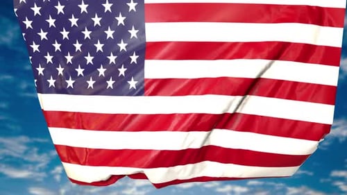 Realistic Waving American Flag Against Blue Sky