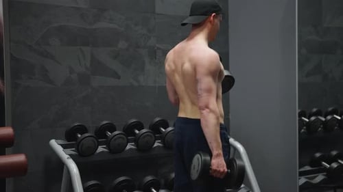 Shirtless male do standing dumbbell biceps curl exercise at indoor gym