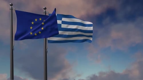 European Union and Greece Flags Waving in Wind Against Cloudy Sky