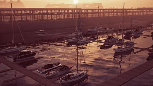 Animated Marina with Boats at Golden Hour Sunset Pan