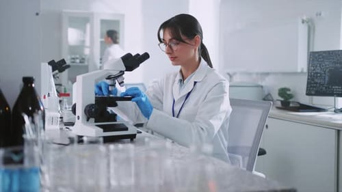 Woman Using Microscope in Brightly Lit Laboratory