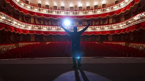 Actor communicates with empty theater auditorium. No people in hall, empty chairs.