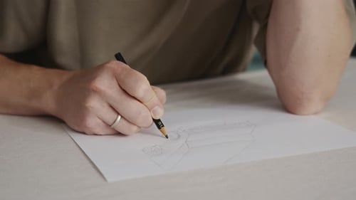 Man's hand drawing on white paper with pencil