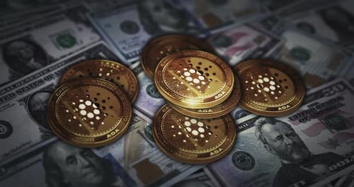 Cardano ADA cryptocurrency coin over Dollar banknotes