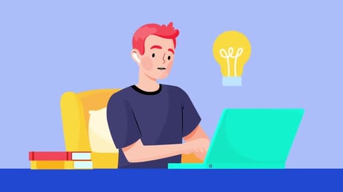 Animated Person Studying Online with Laptop and Books