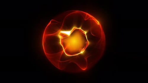 VJ loop animation with abstract hot sphere made of glowing particle waves on a dark background. Fire