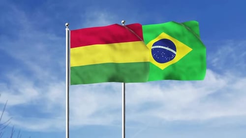Bolivia and Brazil National Flags Waving on Blue Sky