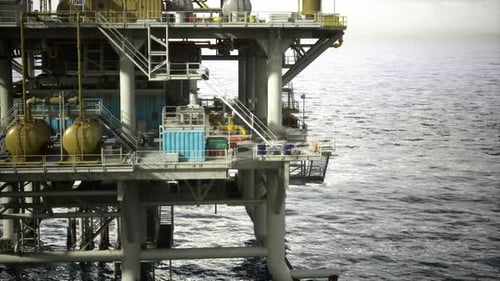 Deep Sea Oil Extraction Platform Teeming with Crew and Complex Piping Systems
