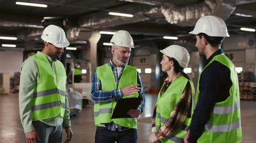 Team Discussing Work in Warehouse Setting