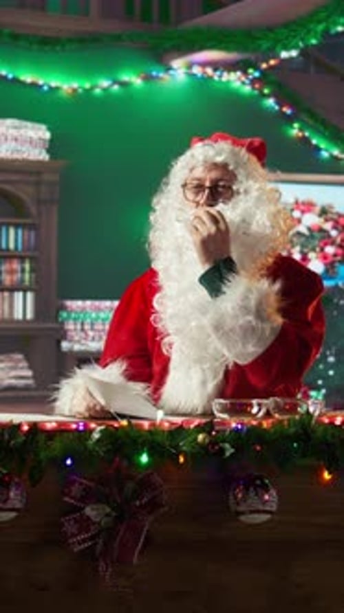 Vertical Video Santa Claus Reading a Letter and Eating Gingerbread Cookies in His Log Cabin