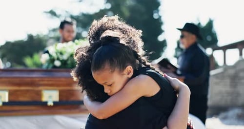 Child, hug or mother in graveyard for funeral