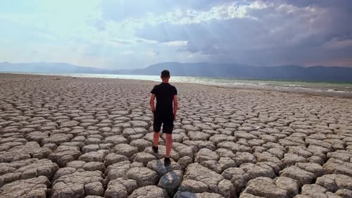 Man Walks on Cracked Earth Desert Shoreline