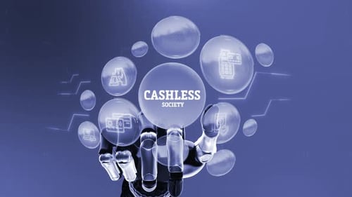 Futuristic Robotic Hand Activating Cashless Society Icons