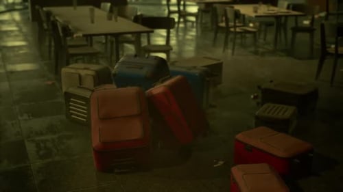 Abandoned Airport Terminal with Scattered Luggage Left Behind Over Time