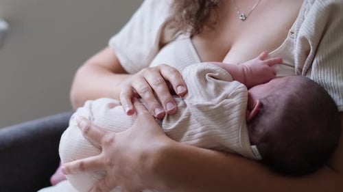 Newborn Baby Nursing in Mother's Arms Indoors